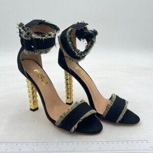 FSJ Women Gold Metal Chain Chunky High Heels Ankle Strap Sandals Open Toe